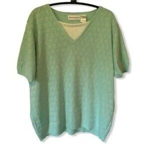Alfred Dunner Womens Pullover Sweater Green Textured Short Sleeve V Neck M